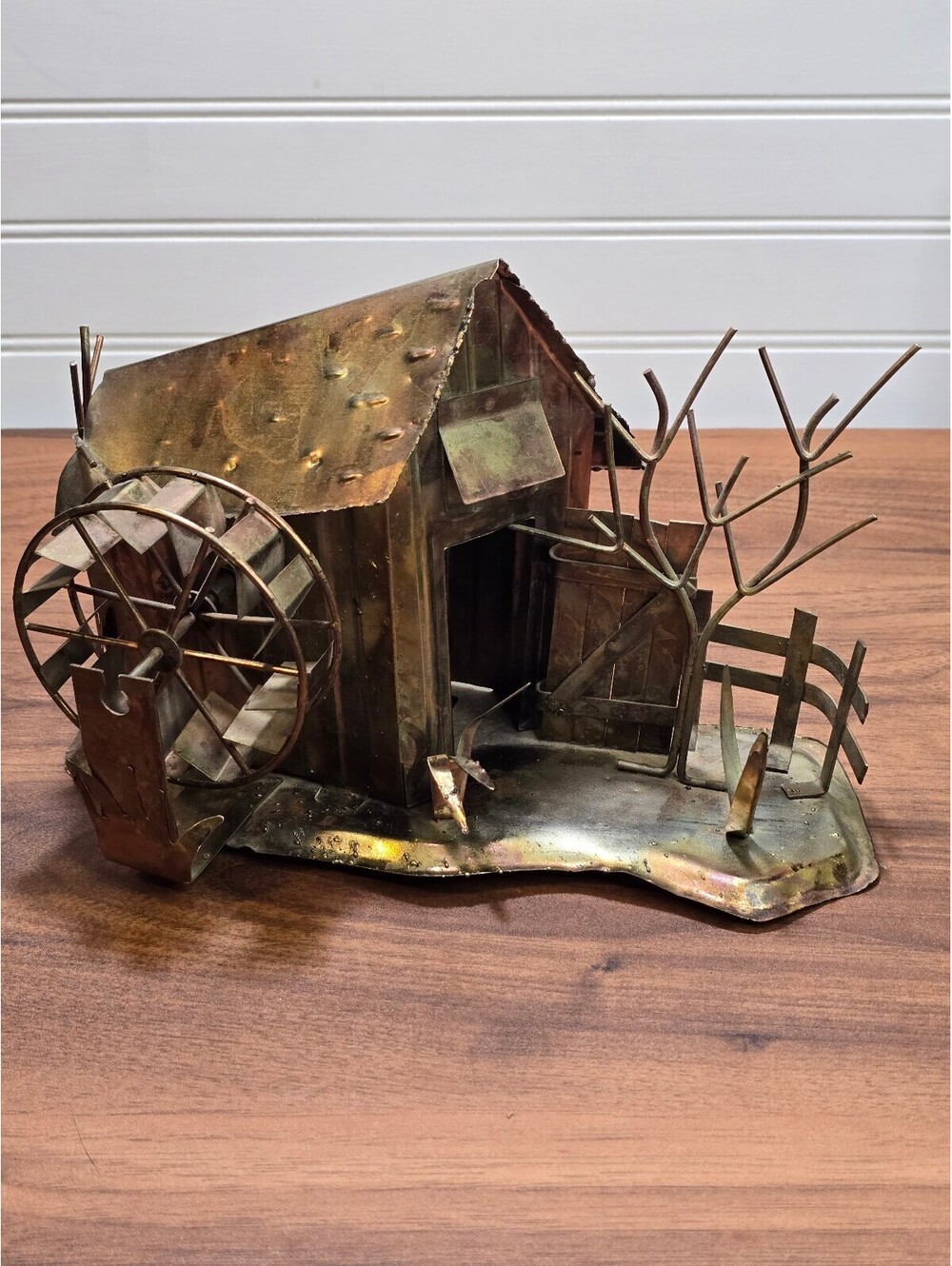 Vintage Copper Metal Water Mill Music Box Kinetic Brutalist Farmhouse Decor